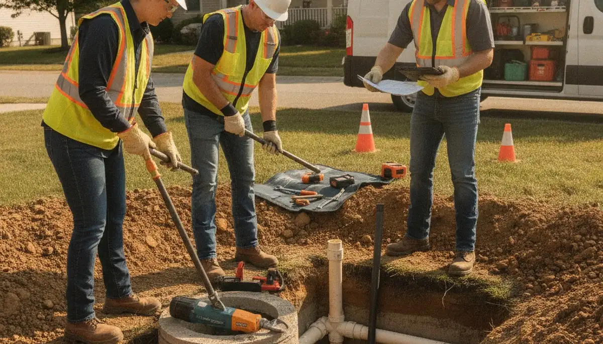 Chicago, IL septic repair plumber inspecting residential sewer line for wet-weather damage