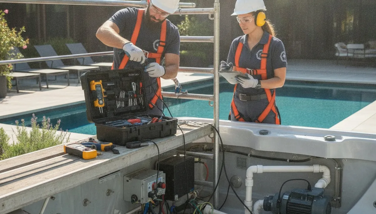 Chicago, IL plumbers repairing spa plumbing connections for residential service call