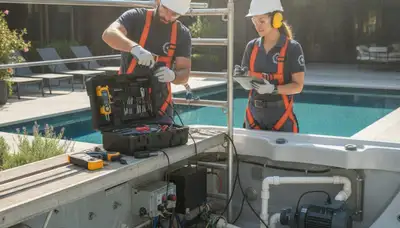 Chicago, IL plumbers repairing spa plumbing connections for residential service call