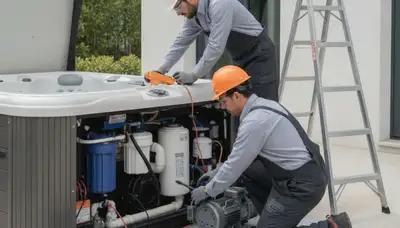 Chicago, IL spa repair plumber inspecting plumbing connections for homeowners