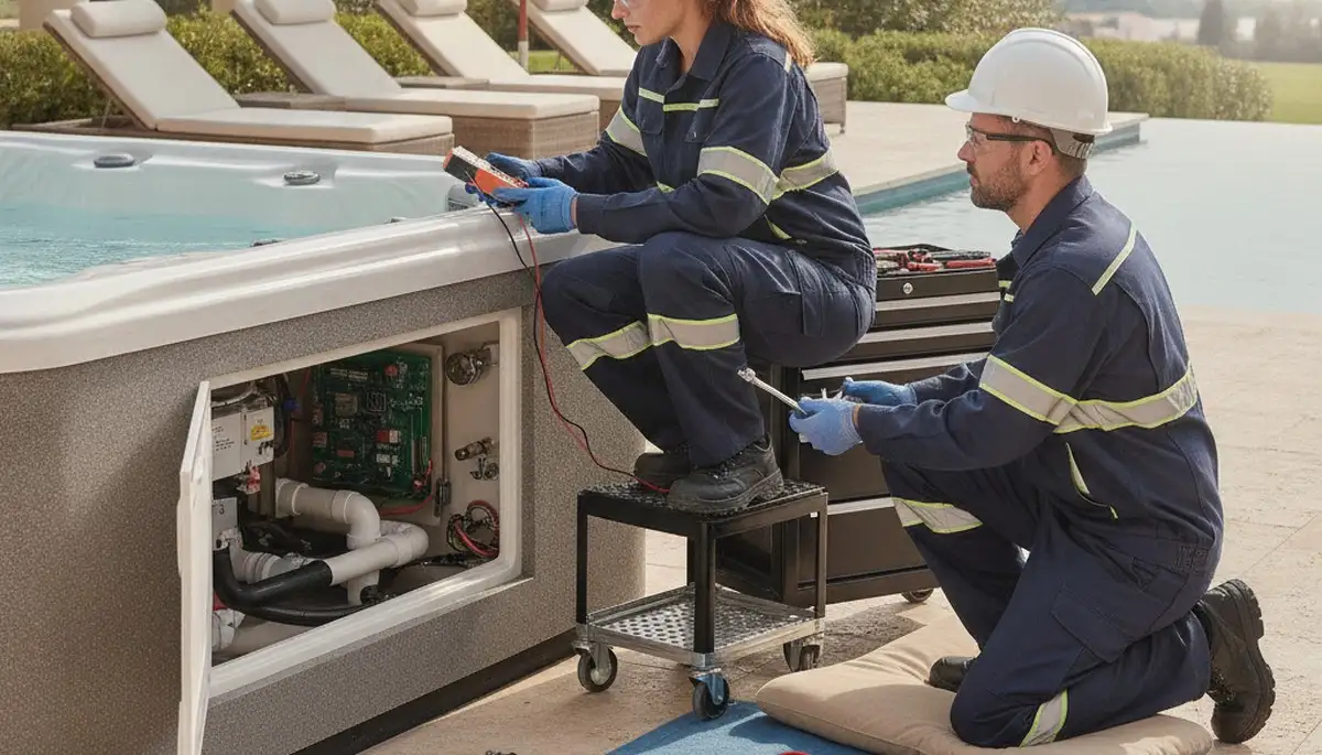 Chicago, IL plumber repairing spa plumbing connections for a residential service call