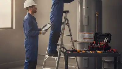 Chicago plumbers repairing a water heater for a Chicago, IL home during winter service call